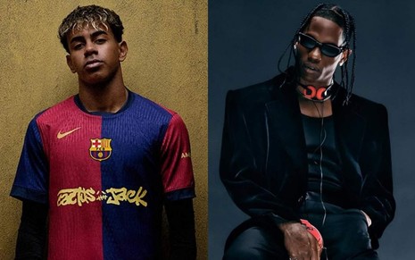 Montagem com Lamine Yamal, jogador do Barcelona, e Travis Scott