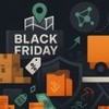Caminhão de entregas em meio ao congestionamento da Black Friday, cercado por ícones logísticos.