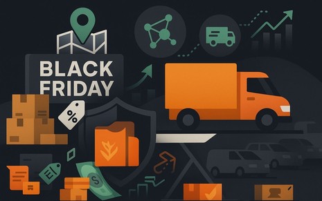 Caminhão de entregas em meio ao congestionamento da Black Friday, cercado por ícones logísticos.