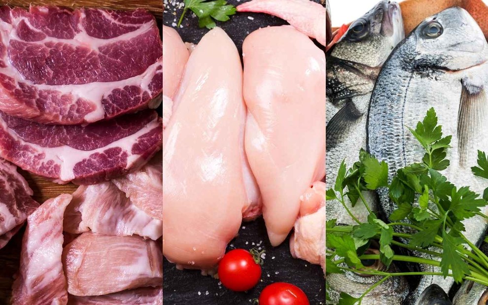 Montagem com carne, frango e peixe
