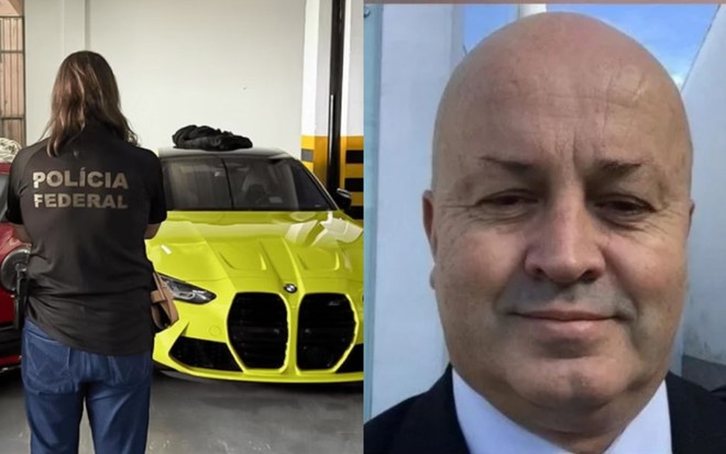 BMW com polícia federal na frente e ao lado rosto do 'Careca do INSS'