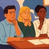 Ilustração com líder questionando equipe sobre a próxima fase da carreira