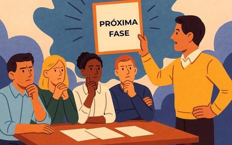 Ilustração com líder questionando equipe sobre a próxima fase da carreira