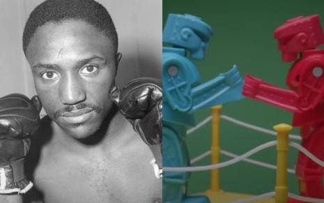 Montagem com Davey Moore (1933-1963) e brinquedo Rock'Em Sock'Em Robots