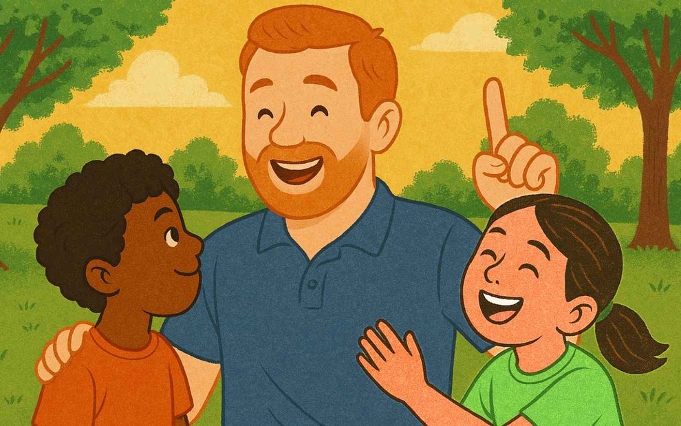 Ilustração criada por inteligência artificial mostra pai conversando com filhos em parque