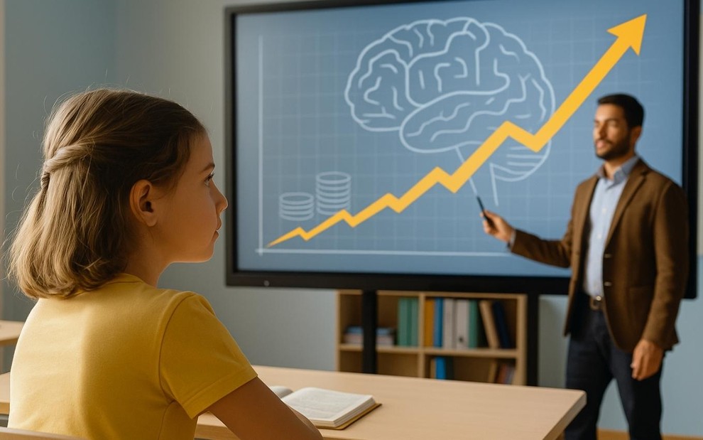 Criança observa gráfico em forma de cérebro, unindo educação e economia. (Imagem IA)