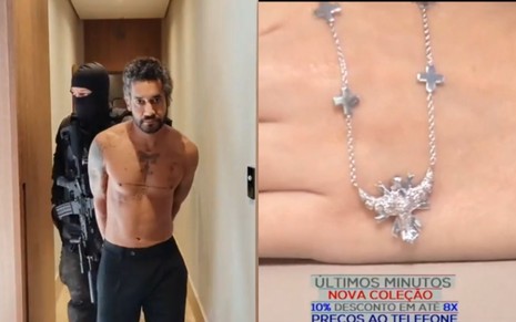 Montagem com Diego de Freitas, o Diego Ouro, e joias roubadas sendo exibidas na TV