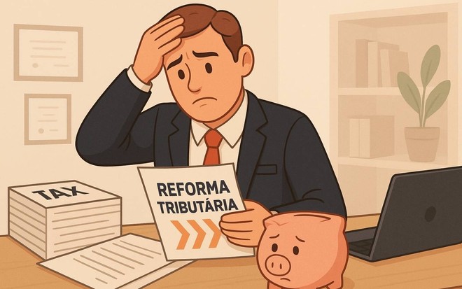 Ilustração criada por inteligência artificial mostra empresário preocupado com Reforma Tributária