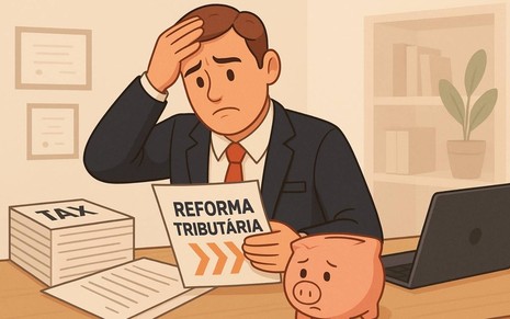 Ilustração criada por inteligência artificial mostra empresário preocupado com Reforma Tributária