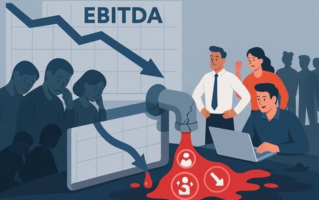 Gráfico em queda e cano rachado mostram como falhas de liderança drenam o EBITDA das empresas.