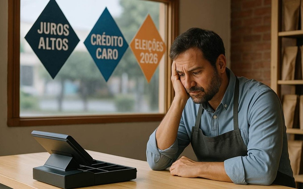 Pequeno empresário preocupado com o futuro diante de juros altos e incertezas.