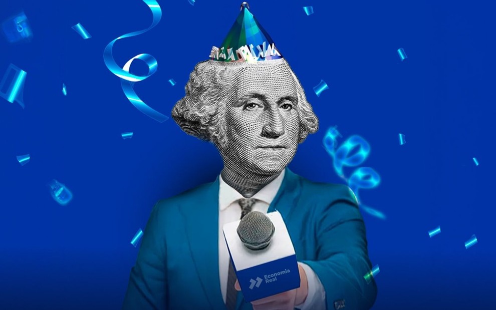 Montagem com George Washington (1732-1799), primeiro presidente dos EUA, segurando microfone e usando chapéu de aniversário