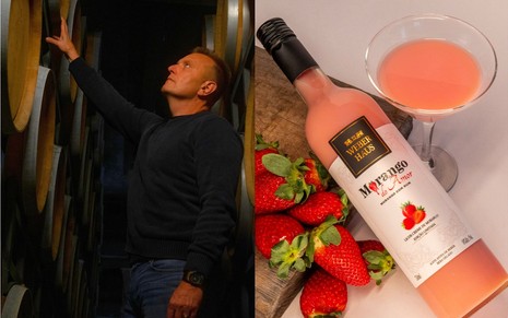 Evandro Weber, sócio da Weber Haus; Garrafa com líquido rosa no interior, ao lado de uma taça com o mesmo líquido e morangos.