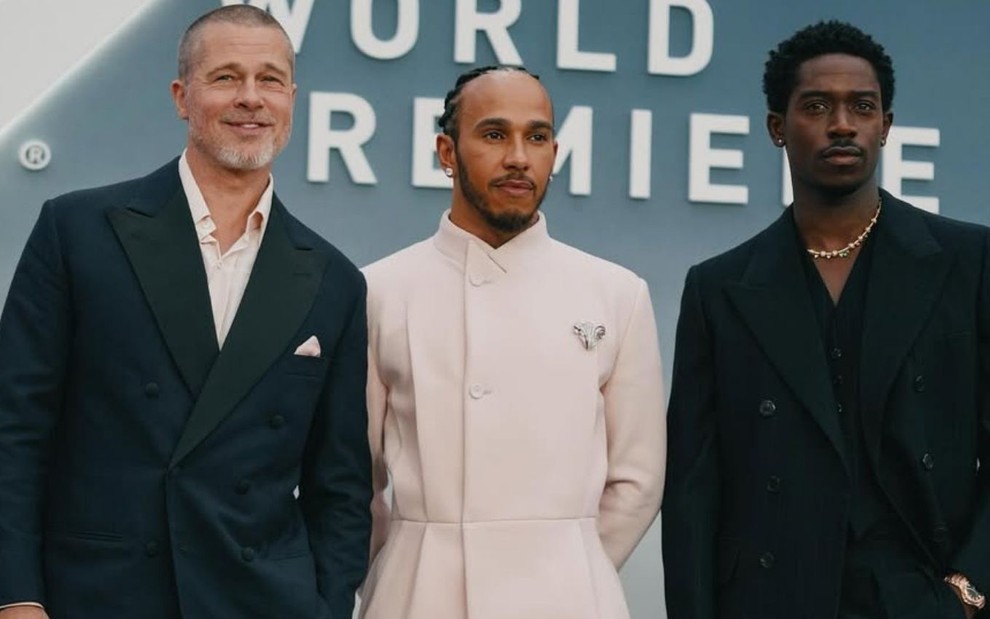 Imagem de Brad Pitt, Lewis Hamilton e Damson Idris na estreia mundial do longa F1