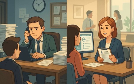 Ilustração mostra na esquerda, um RH sobrecarregado e, na direita, um time estruturado.