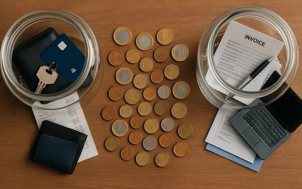 Dois potes simbolizam finanças pessoais e empresariais com moedas misturadas (imagem gerada por IA)