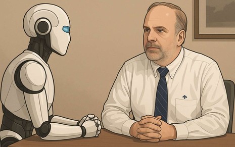 Imagem de um robô conversando com Luciano Carvalho, CEO da operação brasileira do banco Moneycorp