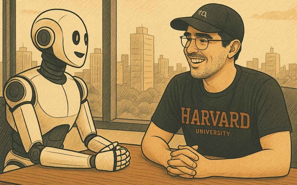Ilustração da IA Gepeto conversando com Mario Augusto Sá, CEO da NG.CASH