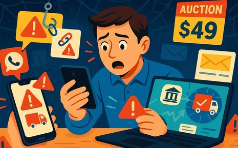 Usuário recebe notificações falsas de transportadoras, cercado por golpes digitais e phishing.