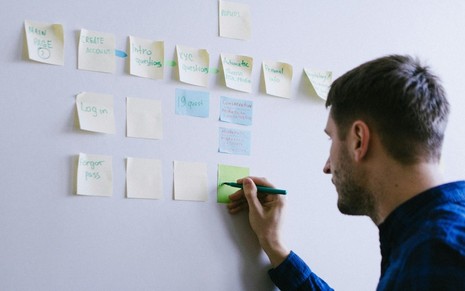 Imagem de homem preenchendo post-its durante treinamento