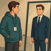 Ilustração de homem vestido com moletom e, no reflexo do espelho, aparece ele com um terno