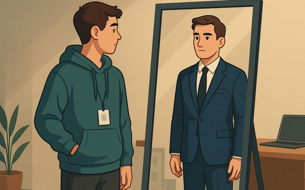 Ilustração de homem vestido com moletom e, no reflexo do espelho, aparece ele com um terno