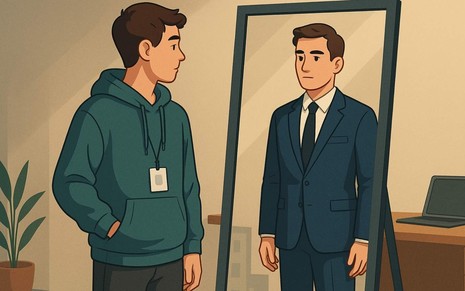 Ilustração de homem vestido com moletom e, no reflexo do espelho, aparece ele com um terno