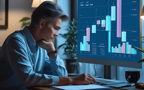 Ilustração criada por inteligência artificial mostra pessoa analisando investimentos financeiros