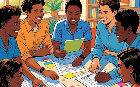 Ilustração criada por inteligência artificial mostra jovens preparando primeiro currículo