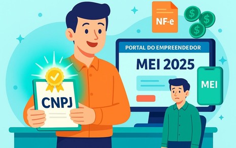 Jovem segura certificado de CNPJ com destaque ao MEI 2025 e ícones digitais ao fundo.