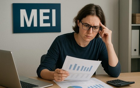 Microempreendedor analisa documentos com a sigla MEI em destaque (imagem criada por IA).
