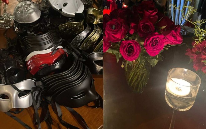 Máscaras e itens da decoração da festa de 10 anos do site Meu Patrocínio