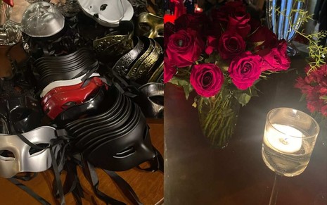 Máscaras e itens da decoração da festa de 10 anos do site Meu Patrocínio