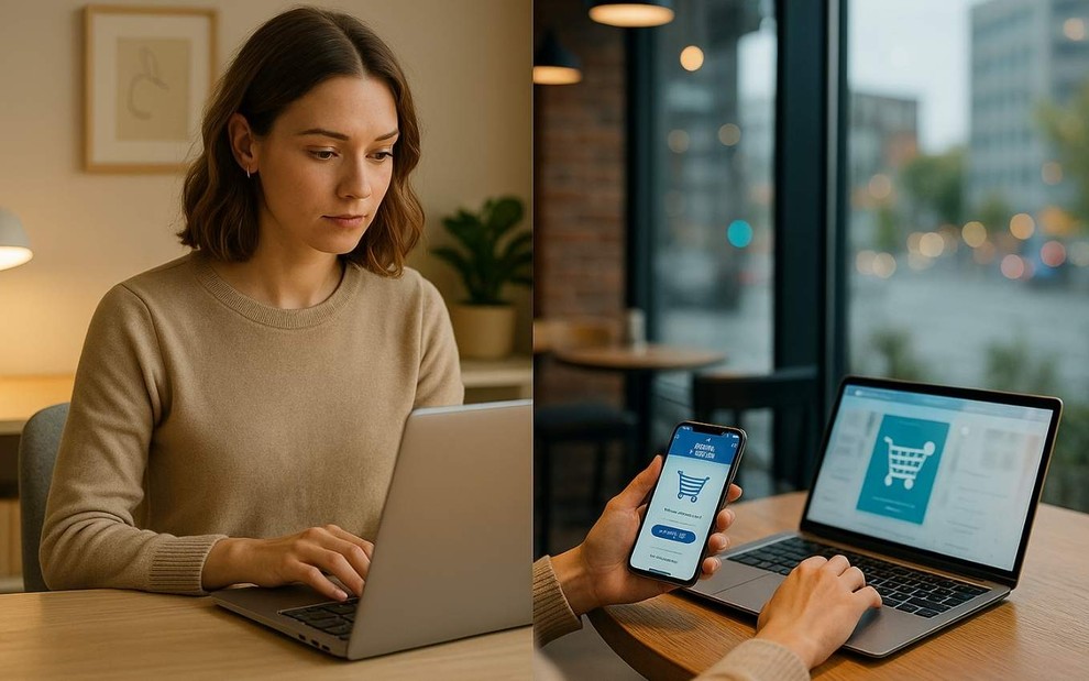 Mulher trabalha em modelo híbrido, entre home office e café urbano.