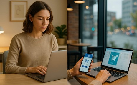 Mulher trabalha em modelo híbrido, entre home office e café urbano.