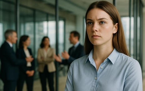Profissional observa o ambiente corporativo em contraste com lideranças performáticas.