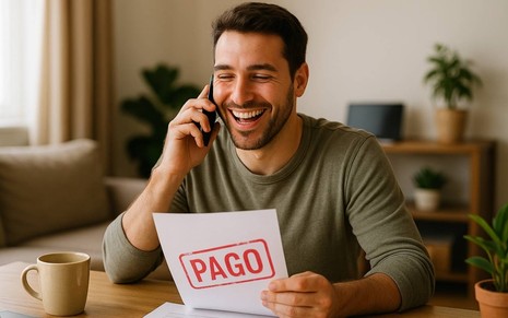 Ilustração criada por inteligência artificial mostra pessoa comemorando pagamento de dívida