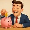 Ilustração criada com inteligência artificial mostra pessoa feliz guardando dinheiro em cofrinho