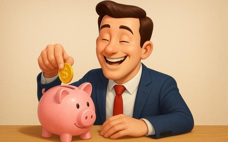 Ilustração criada com inteligência artificial mostra pessoa feliz guardando dinheiro em cofrinho