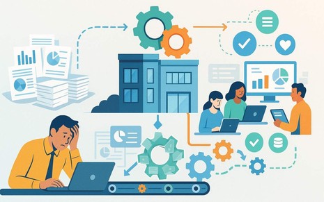 Comparação entre uma PME desorganizada e outra com processos otimizados e integrados.