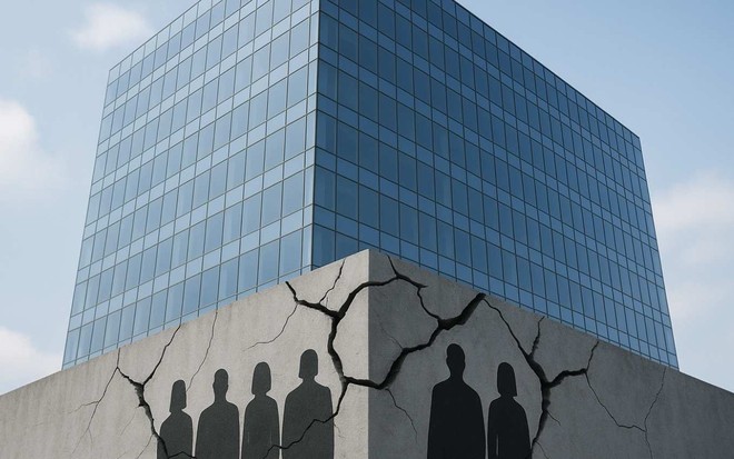 Prédio corporativo com base rachada simboliza fragilidade do RH (imagem gerada por IA).