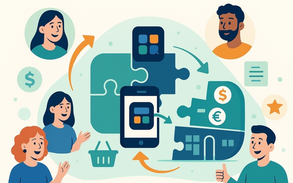 Produto digital se encaixa em quebra-cabeça de mercado, simbolizando o Product-Market Fit.