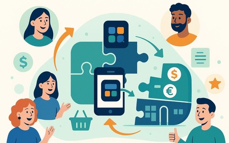 Produto digital se encaixa em quebra-cabeça de mercado, simbolizando o Product-Market Fit.