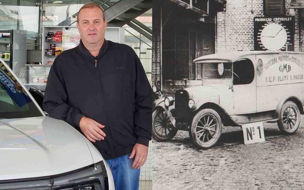 Montagem com Hermes Schincariol Jr, diretor da Rede Vigorito, e imagem do primeiro carro da Chevrolet no BR