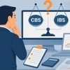Empresário observa balança digital entre CBS e IBS com antigos tributos se desfazendo ao fundo.