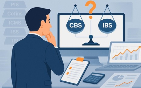 Empresário observa balança digital entre CBS e IBS com antigos tributos se desfazendo ao fundo.