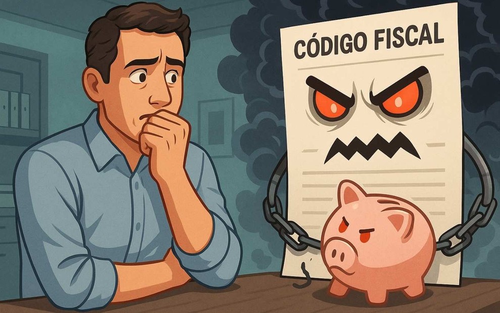 Ilustração criada por inteligência artificial mostra empresário preocupado com código fiscal