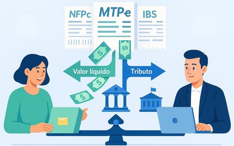 Ilustração mostra fluxo digital divide tributo e valor líquido entre empresa e Fisco com notas CBS e IBS.
