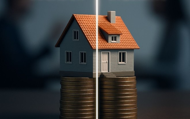 Casa em miniatura apoiada sobre moedas, dividida ao meio para separar locador e inquilino (Criada com IA)