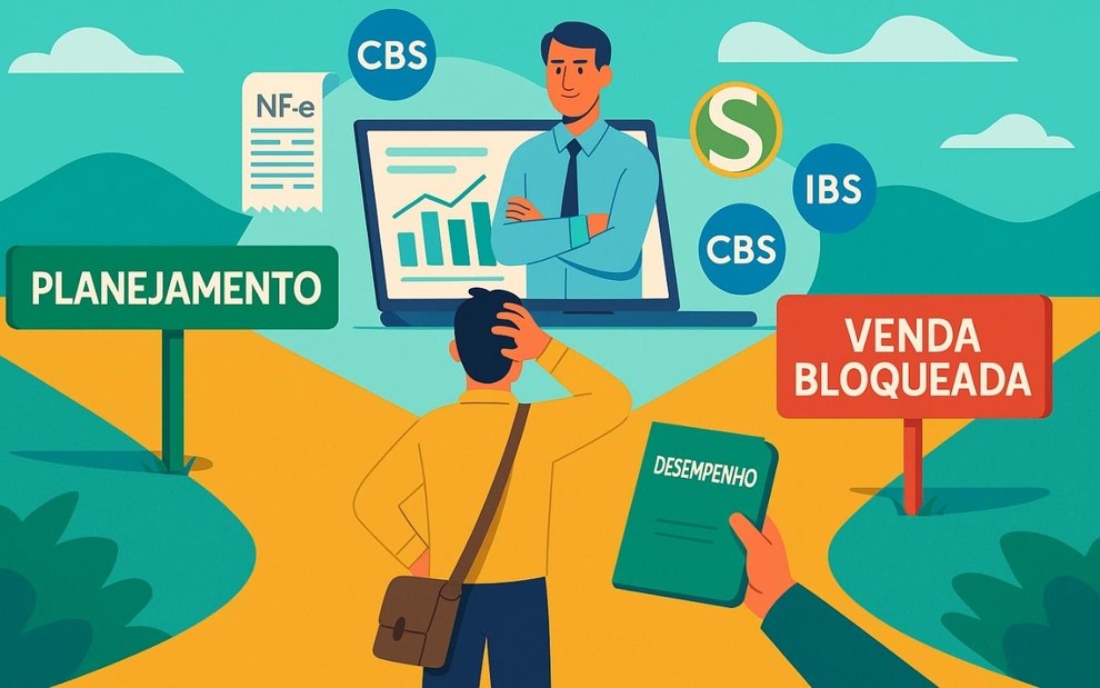 Empreendedor dividido entre dois caminhos com Reforma Tributária